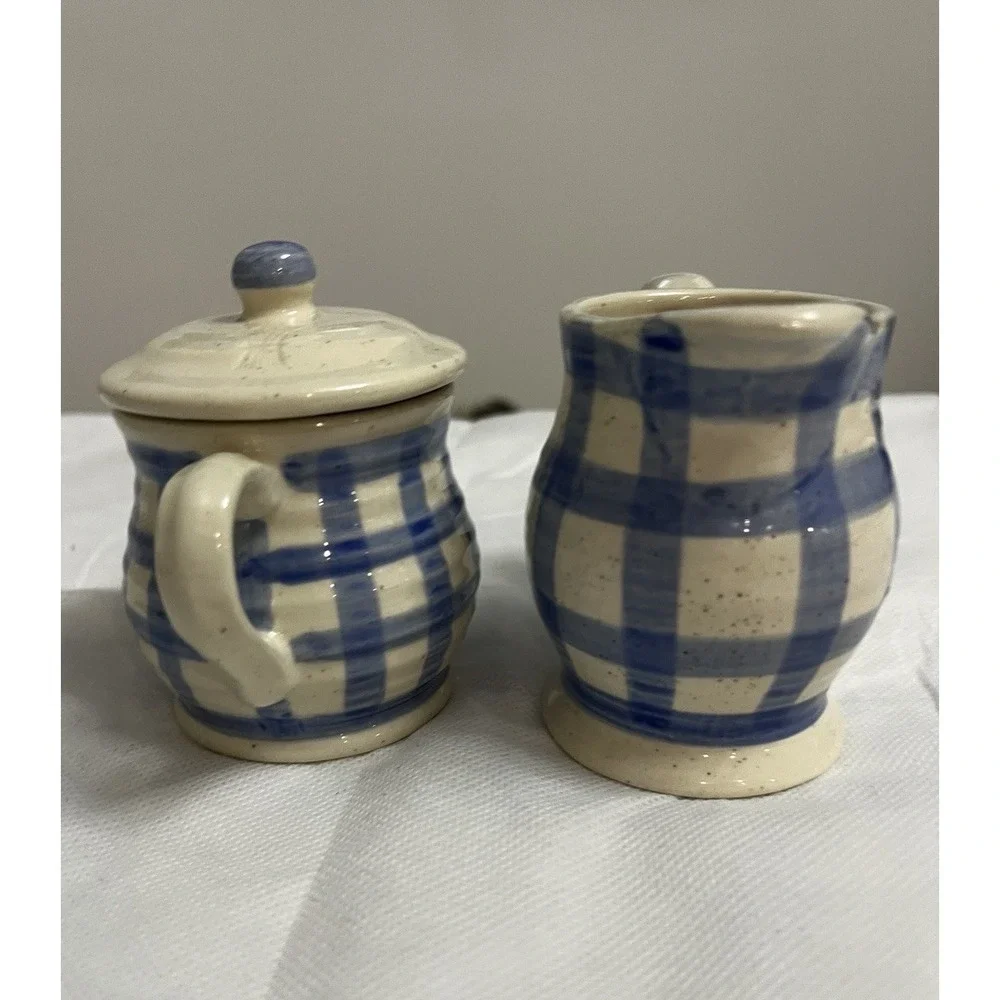 Vtg Cottagecore Blue Gingham Stoneware Cream Sugar Country Farmhouse Decor